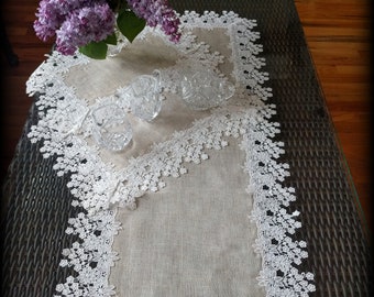 Burlap Dresser Scarf Set with Floral Lace Doilies