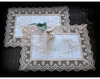 Doilies Lace Embroidered Placemats End Table Natural Beige Neutral Set of Two