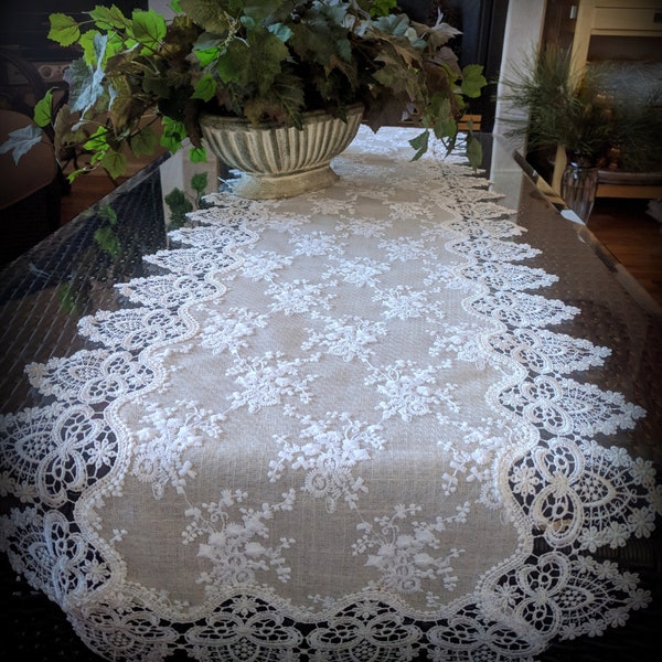 72" x 16" Lace Dresser Scarf Table Runner Neutral Cream Ivory Natural Burlap Victorian