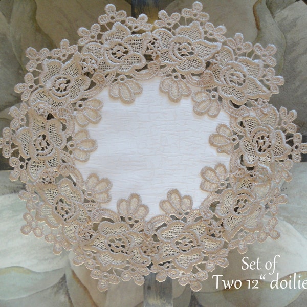 12 inch   SET OF TWO  Soft Gold Rose Lace Doily Delicate Victorian