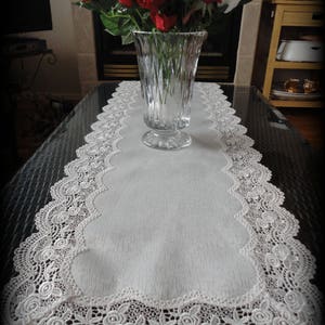 54" x 16" Rose Lace Dresser Scarf or Table Runner Antique White Doily