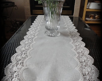 54" x 16" Rose Lace Dresser Scarf or Table Runner Antique White Doily