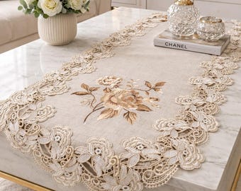 36" Embroidered Rose Lace Table Runner - Neutral Beige Victorian Farmhouse Decor