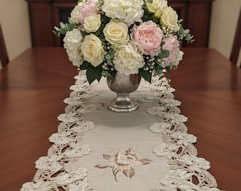 66 inch Embroidered Rose Lace Mantel Scarf Runner – Neutral Floral Polyester Table Accent 66"x 12" Narrow Shelf Dresser Scarf Pointed Ends