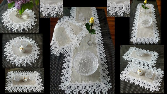 Dresser Scarf  Runner Flower Lace Neutral Burlap Natural Floral Daisy Doily 35" 