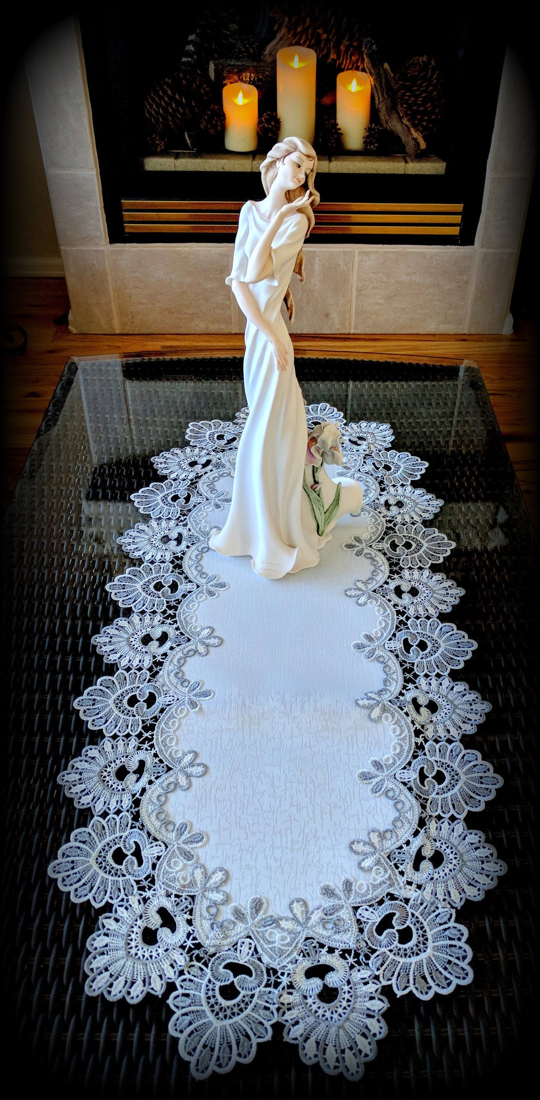 54 by 16 Gray Silver Lace Doily Dresser Scarf Table Runner Antique