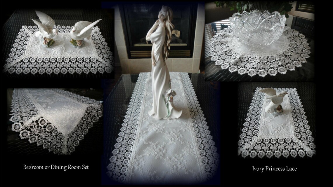 5 Piece Linen Gift Set Ivory Lace Dresser Scarf Mantel ...