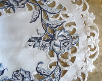 34" Dresser Scarf Dutch Delft  Embroidered  Rose Blue White Table Runner Doily  FREE SHIPPING