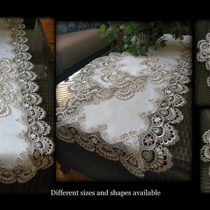18' x 13 SET of 2 Taupe Lace Doily Dresser Scarf Place Mats Light Brown With Creamy White image 2