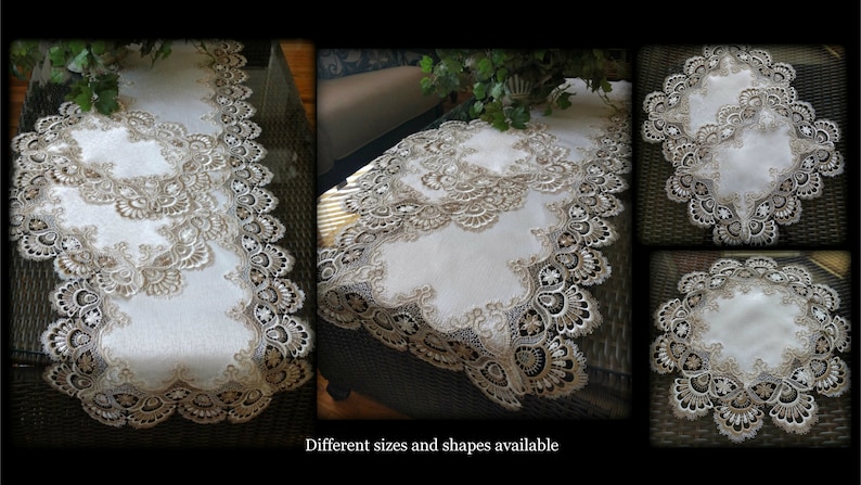 18' x 13 SET of 2 Taupe Lace Doily Dresser Scarf Place Mats Light Brown With Creamy White image 2