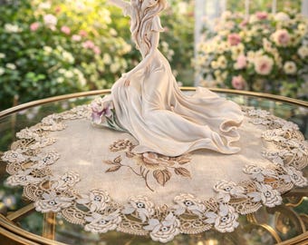 25"  Rose Doily Round Lace Embroidered Table Topper Tablecloth Natural Beige Neutral