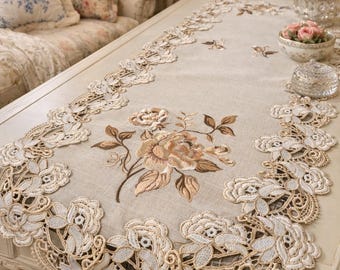 54" Embroidered Rose Lace Table Runner - Neutral Beige Victorian Farmhouse Decor