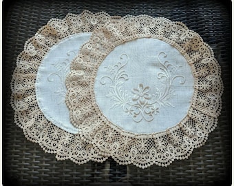 16" Doilies Lace Embroidered Set of Two Round Natural Beige Neutral