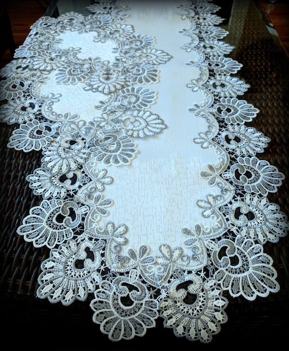 3 Piece Set Gray Silver Lace Doily Dresser Scarf 54 Etsy