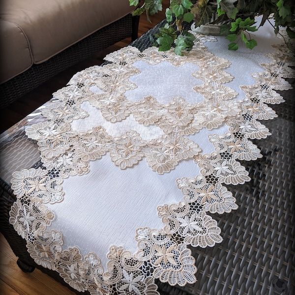 55"x16" Dresser Scarf Lace Table Runner Plus Two 16"  Doilies Neutral Beige Tan Antique White Cream Champagne Ecru