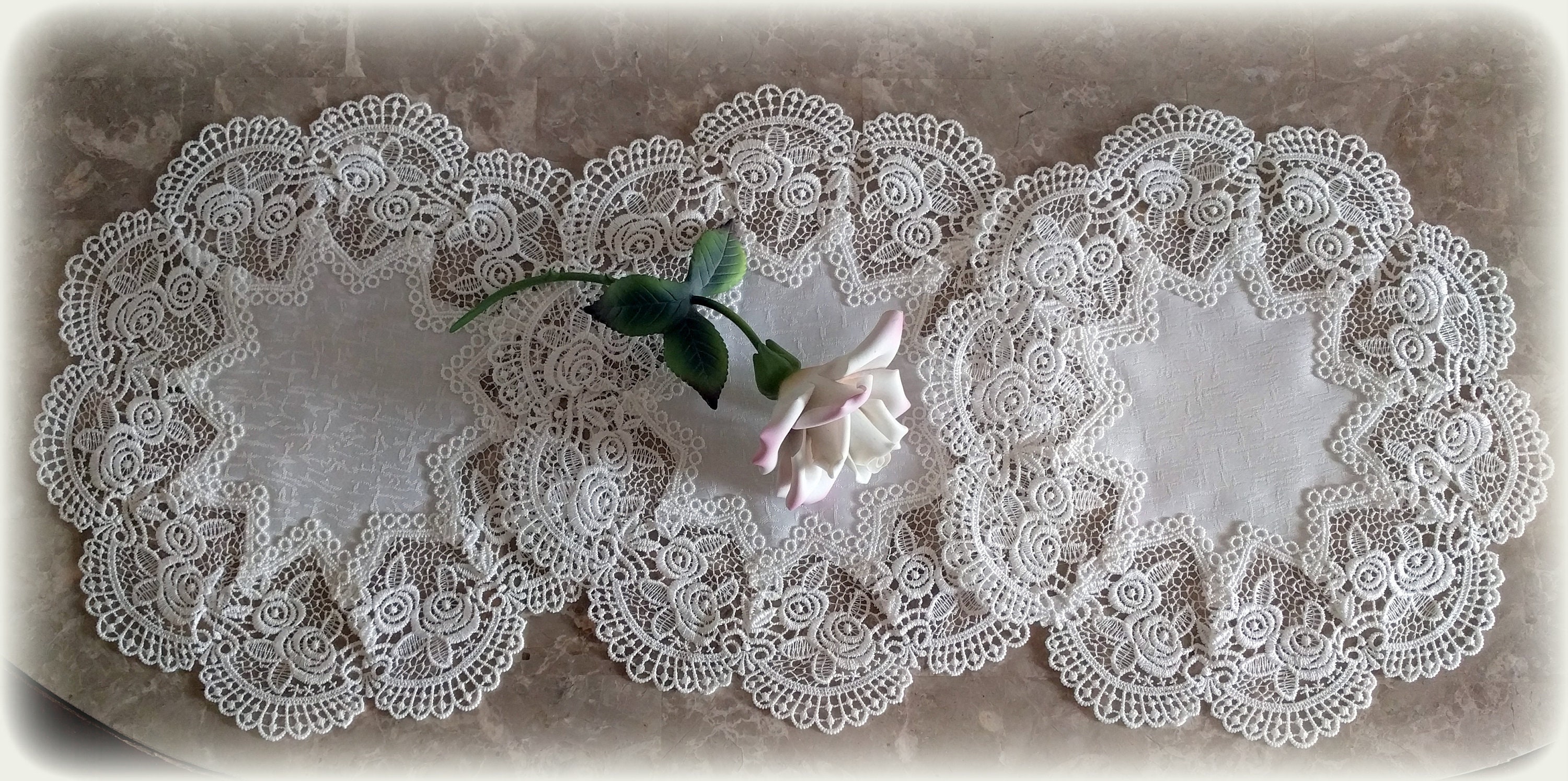12 inch SET OF 3  Antique White Rose European Lace Doily  Table Topper Vintage Victorian