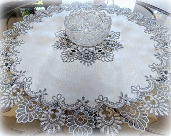 34" Gray Silver Lace Table Topper Doily Dresser Scarf Antique White Ivory Round