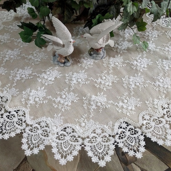 35" Lace Doily Table Topper Tablecloth Neutral Burlap Natural Taupe Antique Ivory Victorian