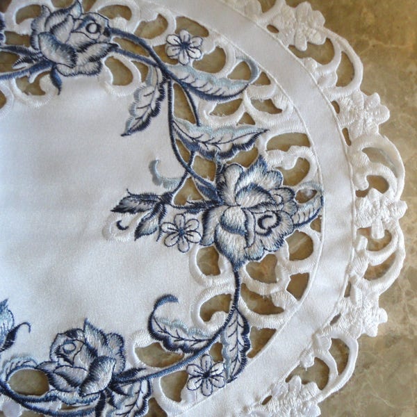 27" Dresser Scarf Dutch Delft  Embroidered  Rose Blue White Table Runner Doily