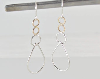 Long Dangle Earrings, Mixed Metal Teardrop Hoop Earrings, Unique Jewelry Gift for Her