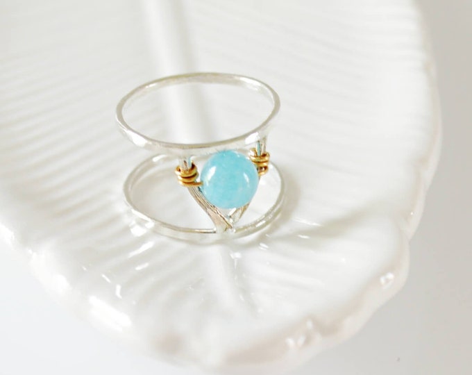 Aquamarine and Silver V Shape Ring, Bohemian Chevron Ring, Unique Jewelry Gift for Her