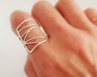 Bohemian Index Finger Ring, Long Rectangle Silver Ring, Unique Handmade Ring