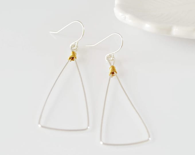 Simple Silver Triangle Earrings with Gold Accents, Gift for Her