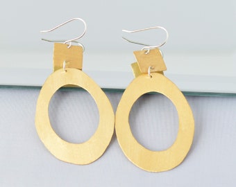 Brushed Brass Geometric Statement Earrings, Bold Fashion Jewelry