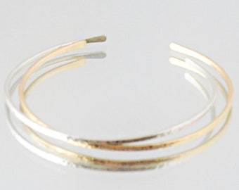 Silver and Gold Stacking Bracelets, Dainty Hammered Cuff Bracelets, Modern Chic Jewelry