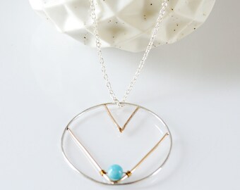 Aquamarine Pendant Necklace, V Shape Circle Wire Necklace