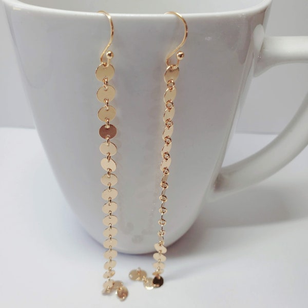 Shiny Gold Shoulder Duster Earrings With Tiny Disc Connectors, Glam Style Slim and Elongating Dangle Earrings