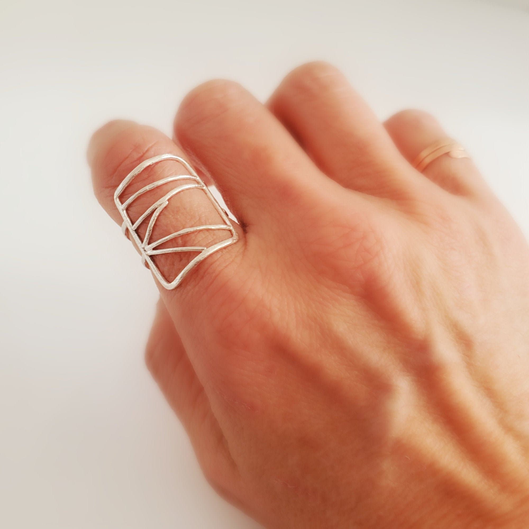 Long Bohemian Silver Ring, Rectangle Index Finger Ring