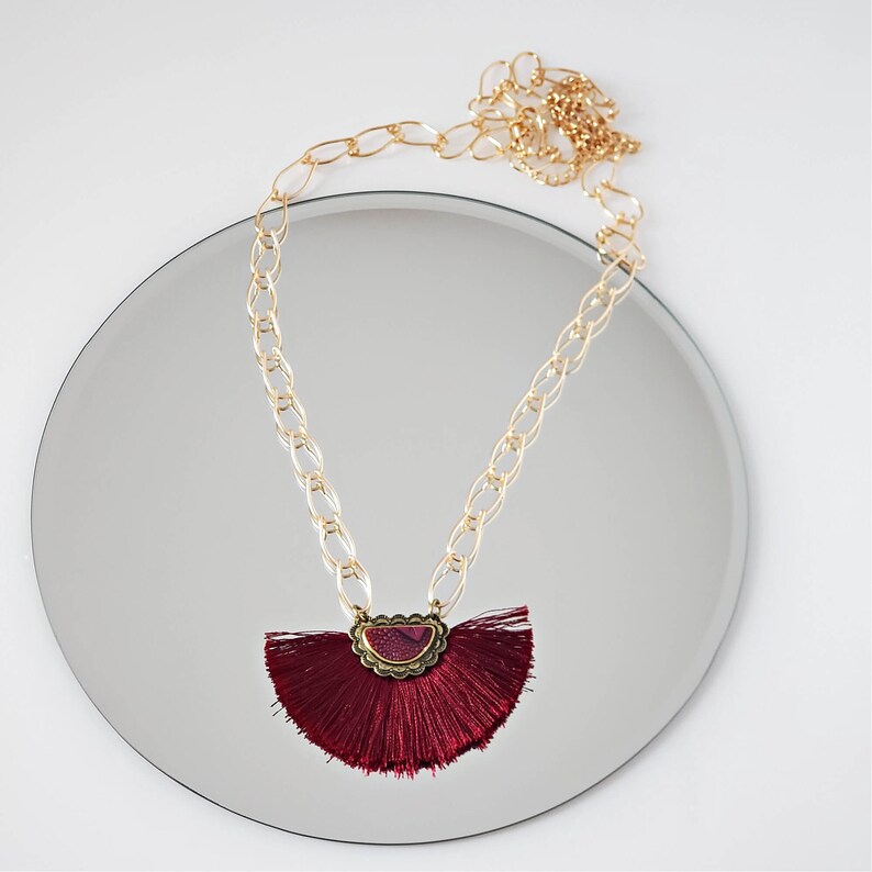 Cranberry Fan Tassel Necklace, Long Gold Necklace, Valentine's Day Gift for Her image 7
