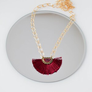 Cranberry Fan Tassel Necklace, Long Gold Necklace, Valentine's Day Gift for Her image 2