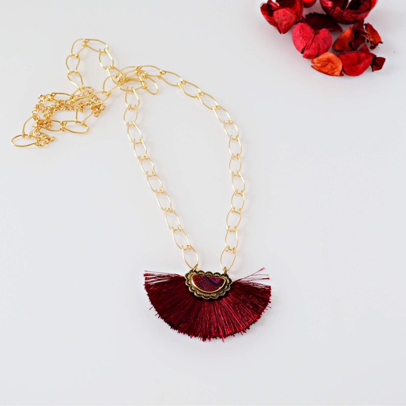 Cranberry Fan Tassel Necklace, Long Gold Necklace, Valentine's Day Gift for Her image 5