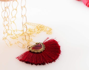 Cranberry Fan Tassel Necklace, Long Gold Necklace, Valentine's Day Gift for Her