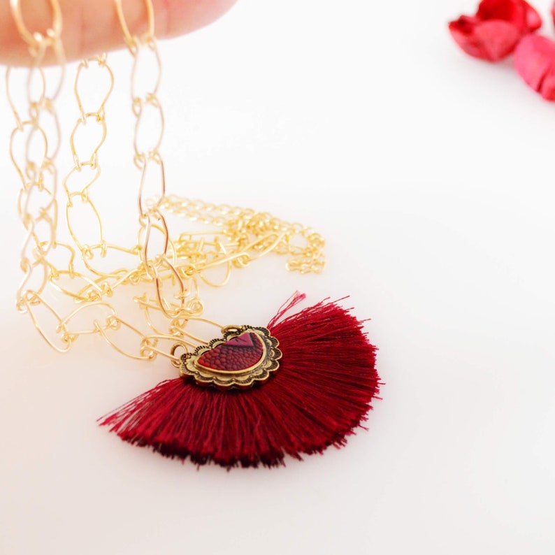 Cranberry Fan Tassel Necklace, Long Gold Necklace, Valentine's Day Gift for Her image 1