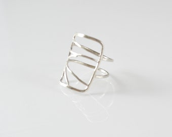 Rectangle Geometric Ring, Abstract Silver Ring, Edgy Bohemian Ring