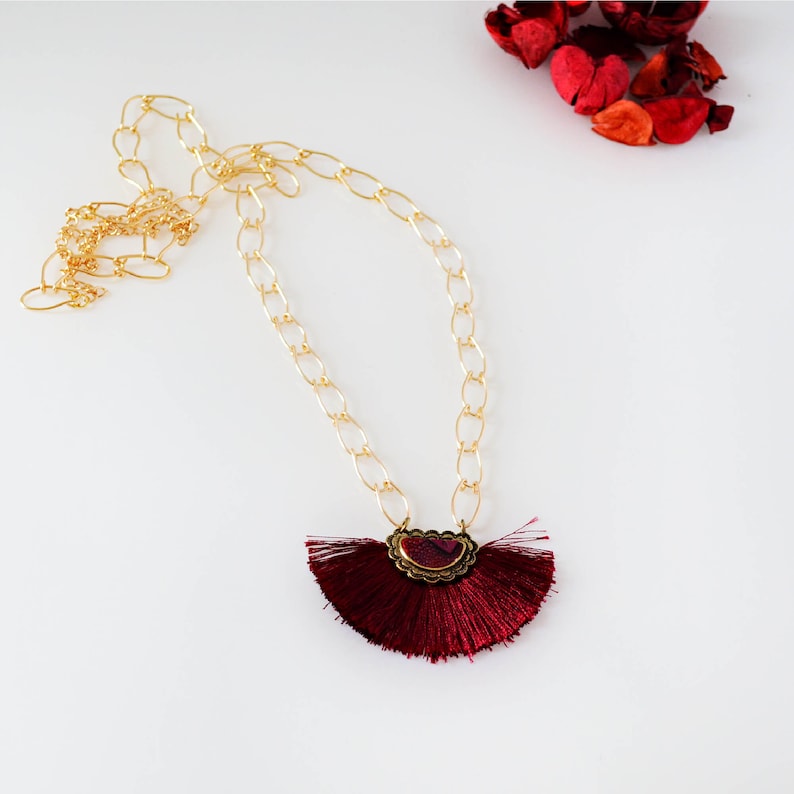 Cranberry Fan Tassel Necklace, Long Gold Necklace, Valentine's Day Gift for Her image 3