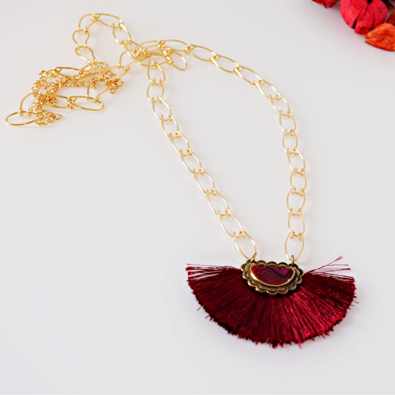 Cranberry Fan Tassel Necklace, Long Gold Necklace, Valentine's Day Gift for Her image 6