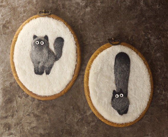 wool felt cat wall hanging in a 3 inch embroidery hoop 