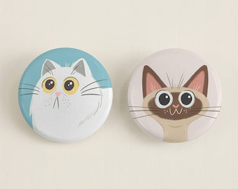 Cat Badge, Cat Pin, Kitty Button, Cartoon Cat, Cat Gifts, Cat Lover, Cat Face badges, small gift, Persian and Siamese, 1.25" Set of 2