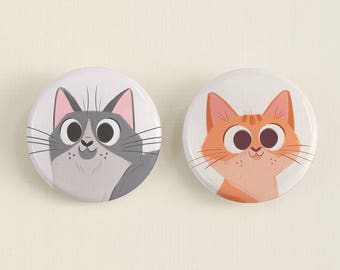 Cute Cat Buttons, 1.25" Badge, Cat Gift, Cat Lover's Gift, Kitty Button, Cat Flair, Illustrated Cats, Cat Pin, Art Button Pins, Set of 2