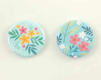 Floral Badge, Floral Pin, Floral Buttons, 1.25" Badge, Floral Gift, Nature Gift, small gift, Floral pattern, Set of 2