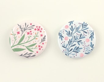 Floral Buttons, 1.25" Badge, Floral Gift, Nature Gift, Nature Button, Floral Print, Illustration, Floral Pin, Art Button Pins, Set of 2