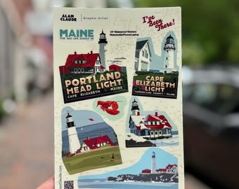 Alan Claude Portland Head Light Sticker | Waterproof Vinyl Sticker | Mini Style Sticker | Cape Elizabeth Lighthouse | Maine Made Decal