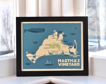 Martha's Vineyard Map Art Print 8" x 10" Framed Travel Poster By Alan Claude - Massachusetts