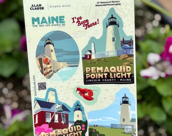Alan Claude Pemaquid Point Light Sticker | Waterproof Vinyl Sticker | Mini Style Sticker | Lincoln County Lighthouse | Maine Made Decal