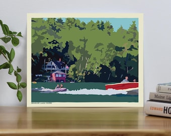 Tubing on a Lake Art Print 8" x 10" Horizontal Wall Poster - Maine