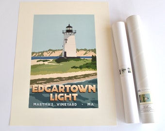 Edgartown Light Art Print 18" x 24" Travel Poster By Alan Claude - Massachusetts